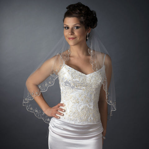 Beads, Elbow, Fingertip, Ivory, Lace, Scalloped, Single, Veil, White
