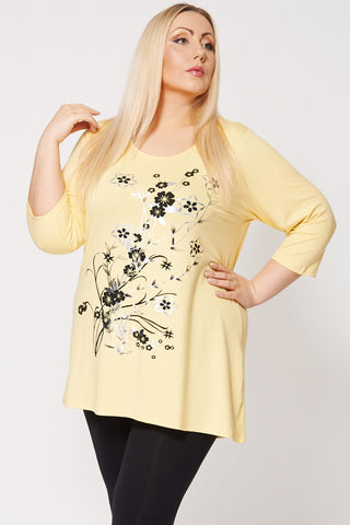Black And Silver Floral Print Dip Hem Top-Yellow-26/28