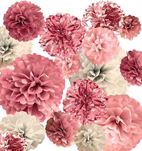 20 PCS Pink Rose Gold Party Decoration - Tissue Paper Poms - Birth – Cranbury Florist