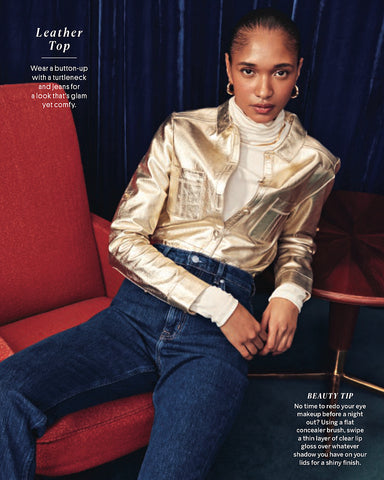 Real Simple Magazine (USA) featuring the Islington By-Product Leather Shirt in Gold & Clerkenwell Midi Slip Dress in Ginger Cady Satin | Photography: Mei Tao | Stylist: Shadni Alexander | Hair: Carly Nielsen | Make Up: Iris Kim - April 2023