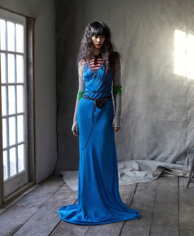 Untitled Magazine featuring the Clerkenwell Contrast Piped Backless Gown in Electric Blue - Photography: Cleo Sullivan | Creative Director, Make Up & Hair Stylist: Roberto Mortelli | Models: Shu Gen, Huan Zhou & Mei Sheng - February 2024
