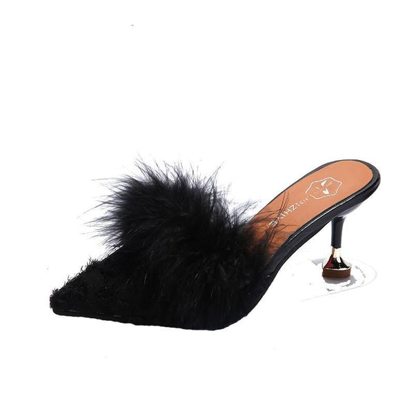 black heels with fur on toe