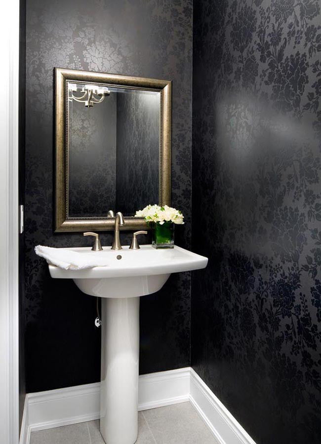 Bathroom with black glossy pattern wallpaper
