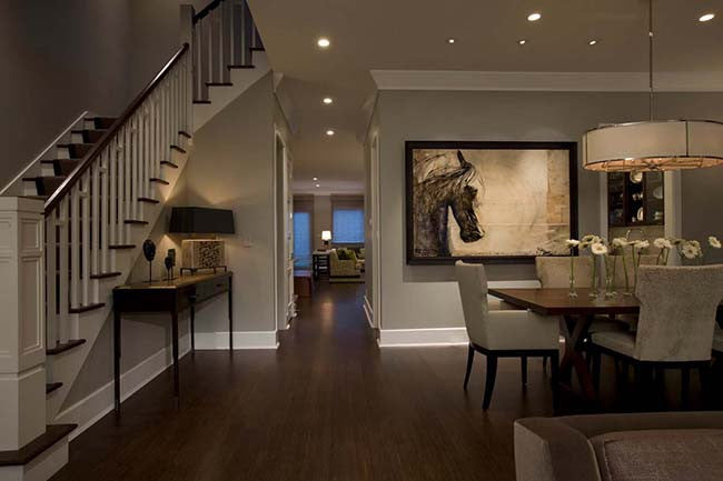 Dining room with dark gray walls