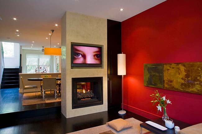 Living room with red accent wall