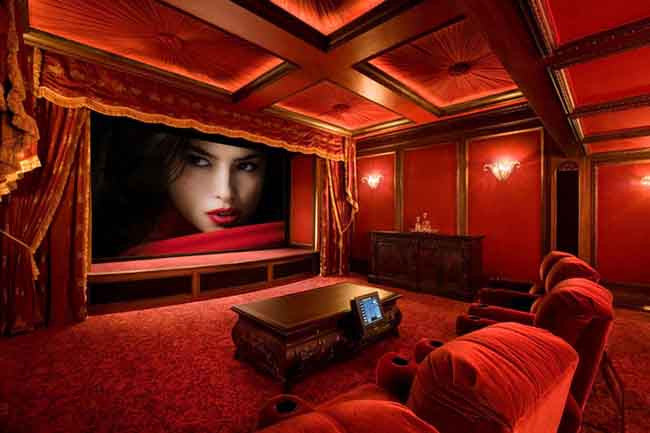 Home theater with red walls