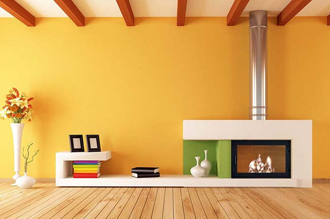 Living room interior with yellow walls