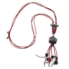 NECKLACE NET BEAD ANTIQUE SILVER/ RED COLOURS 80CM