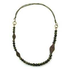 NECKLACE 3 LEAF BEADS OLIVE COLOUR PRESSED BEAD 90CM