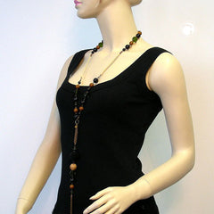 NECKLACE GLASS BEADS GREEN BROWN RED 90CM