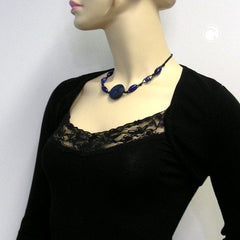 NECKLACE BLUE MARBLED DIFFERENT SHAPED BEADS 45CM