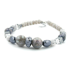 NECKLACE SILVERGREY GREY-BLUE MARBLED BEADS 45CM