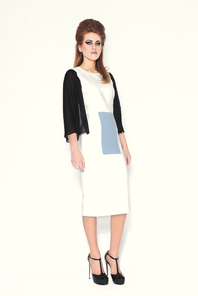 RUDYBOIS Fall Winter 2013 collection Black Silk Sleeves, White & Powder Blue Angora/Wool Insert Dress