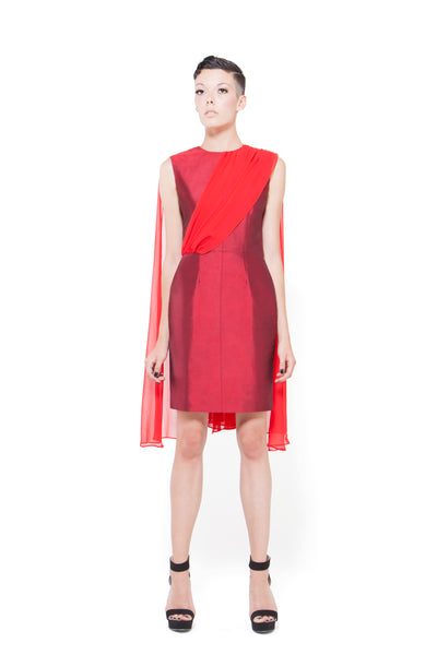 RUDYBOIS Spring Summer 2015 collection DARK & BRIGHT RED SILK SHORT SLEEVELESS DRESS & TWO BACK TRAINS