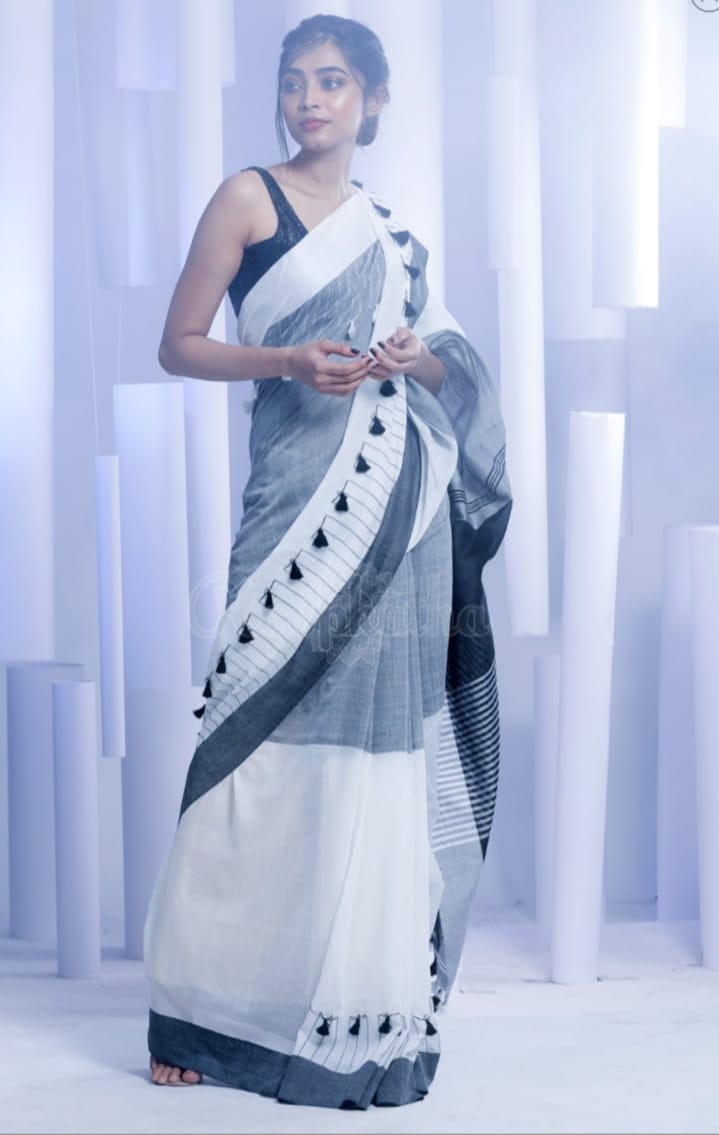 Black & White Khadi Cotton Saree with Pompom Border Hand Work ...