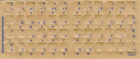 Keyboard Stickers, Overlays, Labels: Transparent Danish Blue Characters for White Keyboards