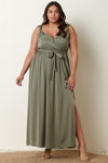 olive satin knot slv. maxi dress +