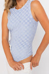 Blue Checkered Sleeveless Bodysuit