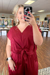 Wine Satin Jumpsuit W/Front Tie +