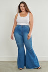 medium wash frayed hem flare jeans +