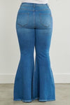 medium wash frayed hem flare jeans +