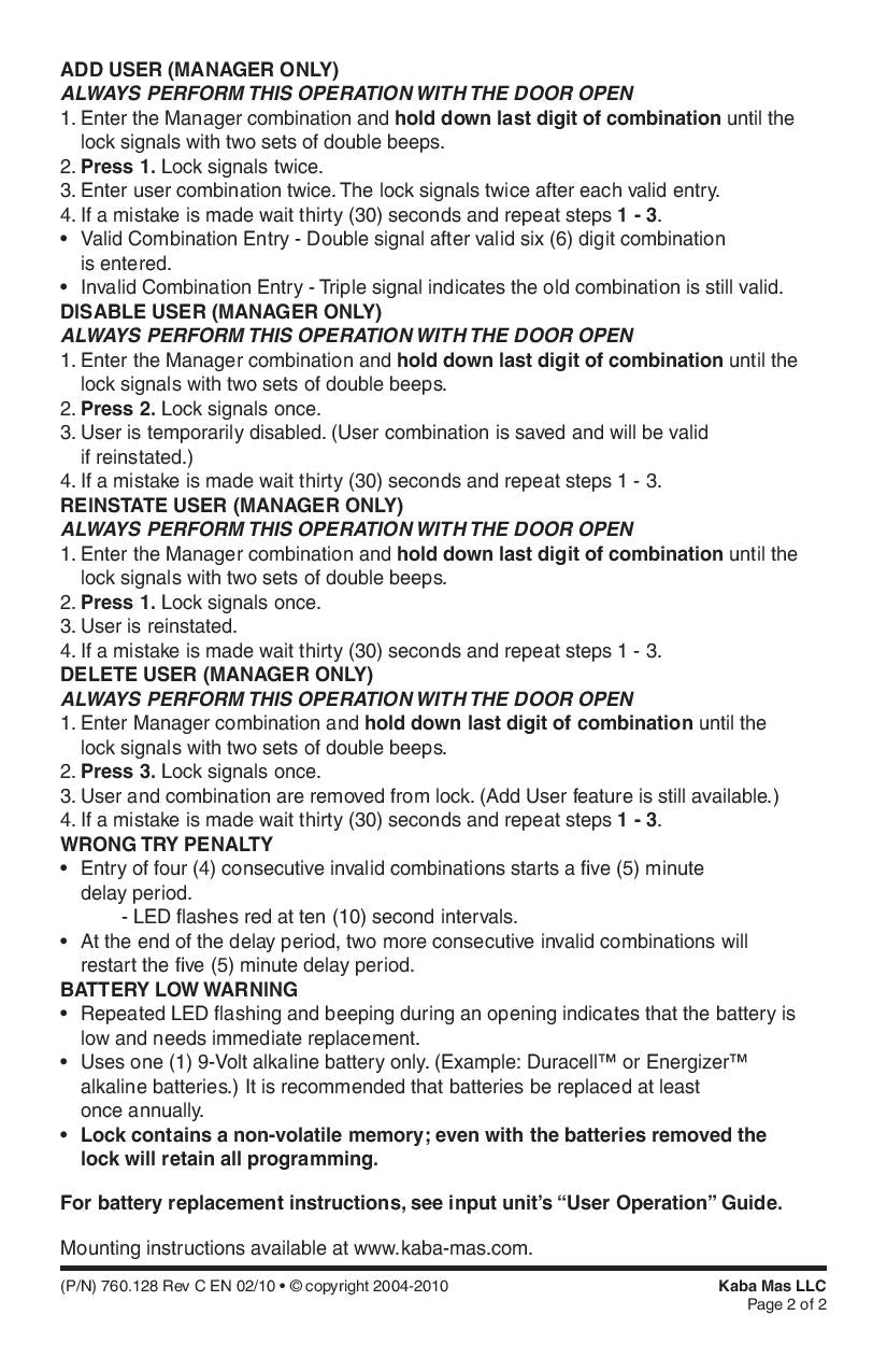 Lagard Basic II Digital Lock Instructions Page 2