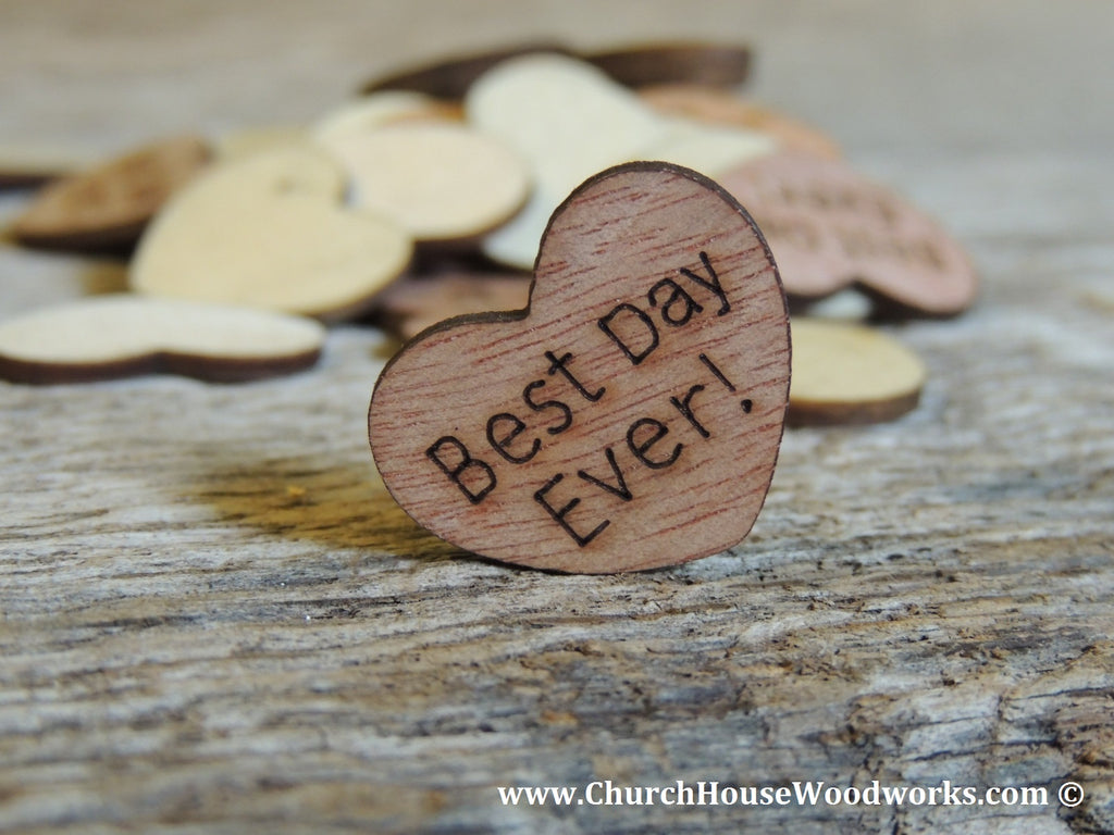 Wood Heart Wedding Confetti- Mr., Mrs, I Do, We Do, Bride, Groom, Happily Ever After, Once Upon A Time, Best Day Ever by Church House Woodworks. Great for Rustic Weddings, Barn Weddings, Country Weddings, Shabby Chic Weddings, etc.