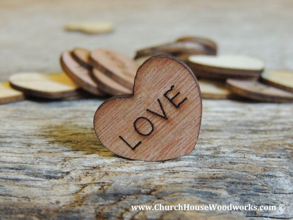 Wood Heart Wedding Confetti- Mr., Mrs, I Do, We Do, Bride, Groom, Happily Ever After, Once Upon A Time, Best Day Ever by Church House Woodworks. Great for Rustic Weddings, Barn Weddings, Country Weddings, Shabby Chic Weddings, etc.