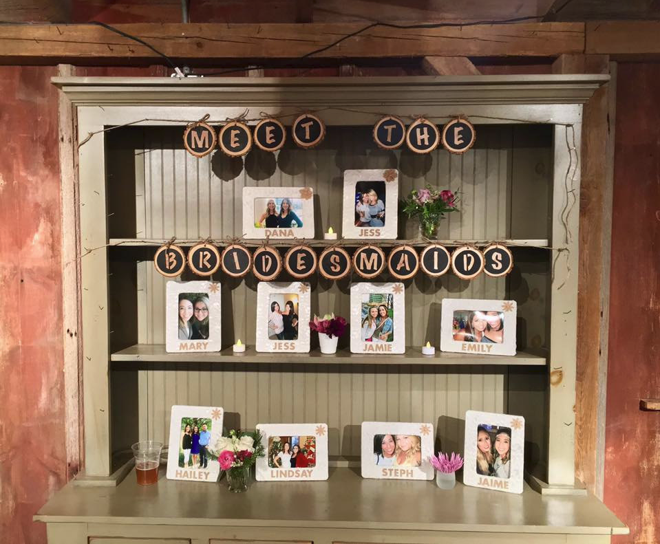 Meet the Bridesmaids booth table pictures photos idea with wood slice letters
