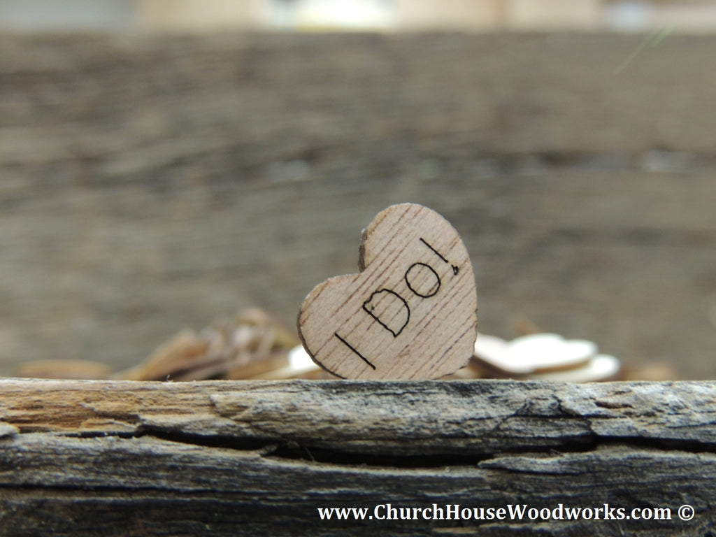 Wood Heart Wedding Confetti- Mr., Mrs, I Do, We Do, Bride, Groom, Happily Ever After, Once Upon A Time, Best Day Ever by Church House Woodworks. Great for Rustic Weddings, Barn Weddings, Country Weddings, Shabby Chic Weddings, etc.