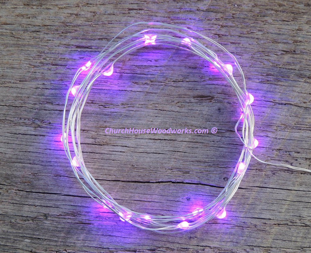 LED Fairy String Lights for rustic weddings wreaths mason jars purple light on silver wire