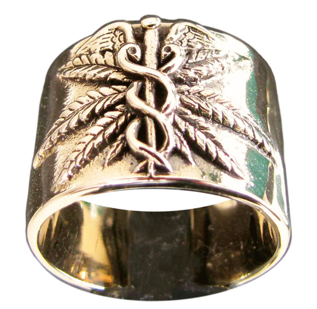 Medical Marijuana Ring Ganja Leaf Bronze Band Ring with Antiquated Finish