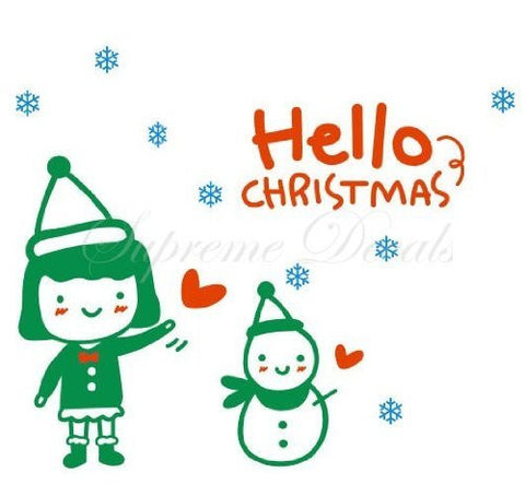 Custom PopDecals - Christmas Decals - Snowman and a girl - Beautiful Tree Wall Decals for Kids Rooms Teen Girls Boys Wallpaper Murals Sticker Wall Stickers Nursery Decor Nursery Decals