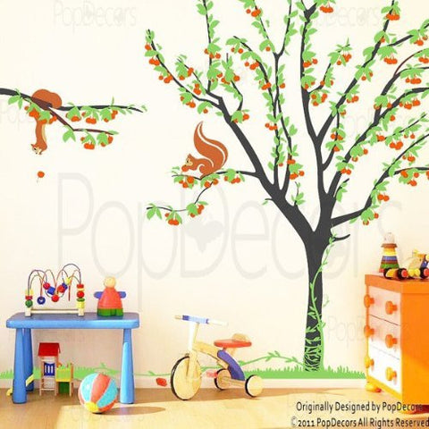PopDecors - Cherry Tree with Squirrels - Custom Beautiful Tree Wall Decals for Kids Rooms Teen Girls Boys Wallpaper Murals Sticker Wall Stickers Nursery Decor Nursery Decals