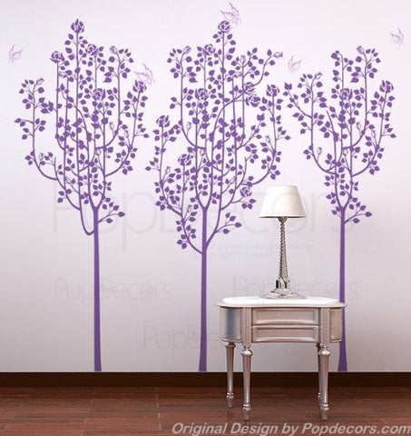 PopDecors Wall Decals & Stickers - Flower Trees and Butterflies - Free Squeegee and color change - Floral Tree Decals Flower Tree Sticker Flying Butterflies Decal