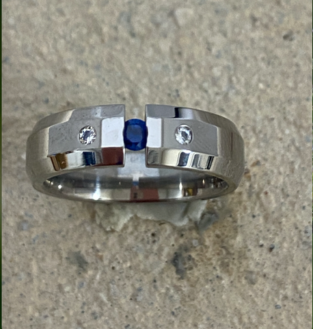 Mens Sapphire Titanium ring with two diamonds inset