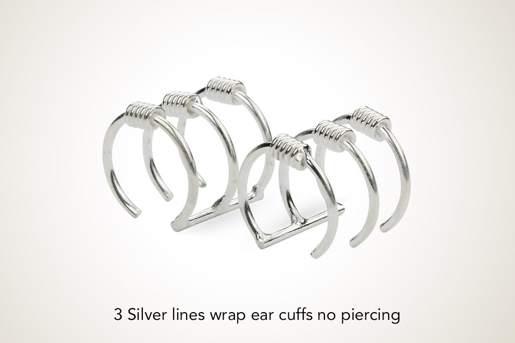 3 Silver Lines Wrap Ear Cuffs No Piercing