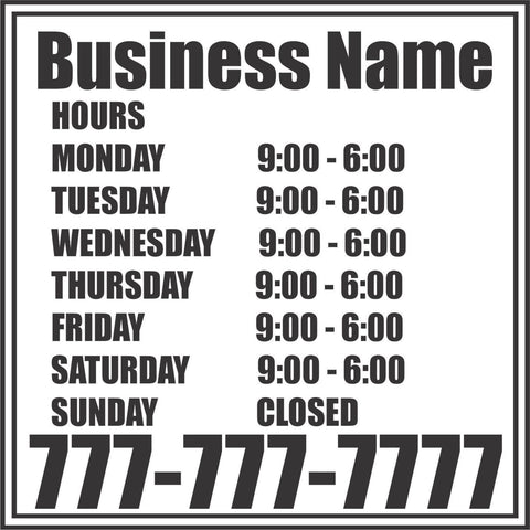 Custom Business Store Hours Sticker Decal 20 Colors To Choose From.
