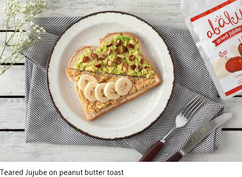 Teared Jujube on peanut butter toast