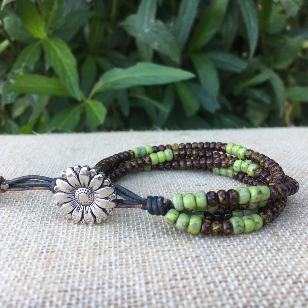 4 Strand Seed Bead Bracelet - Aged Red and Olive Picasso