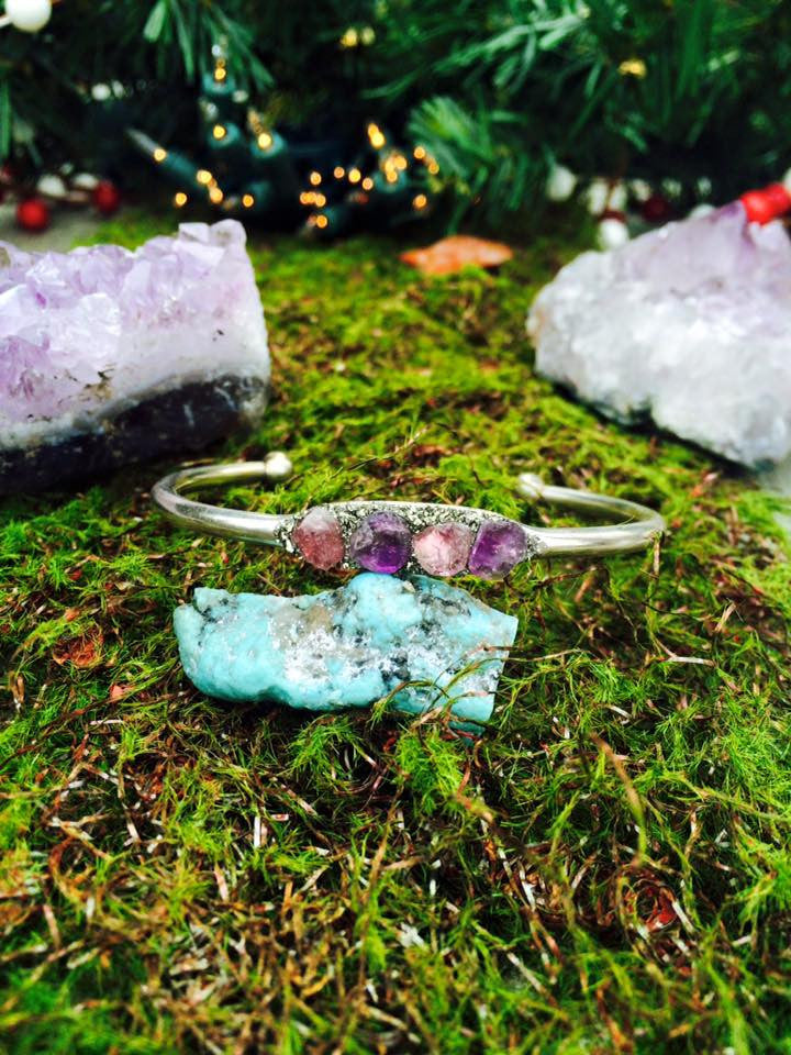 Mosaic amethyst and pink tourmaline on a silver plated bangle - Edward & Ashley Jewelry