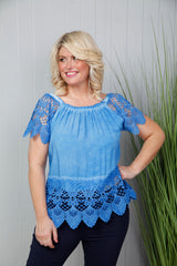 Jayne Crochet Trim Top Sky Blue