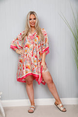 Paisley Border Kaftan Fuchsia