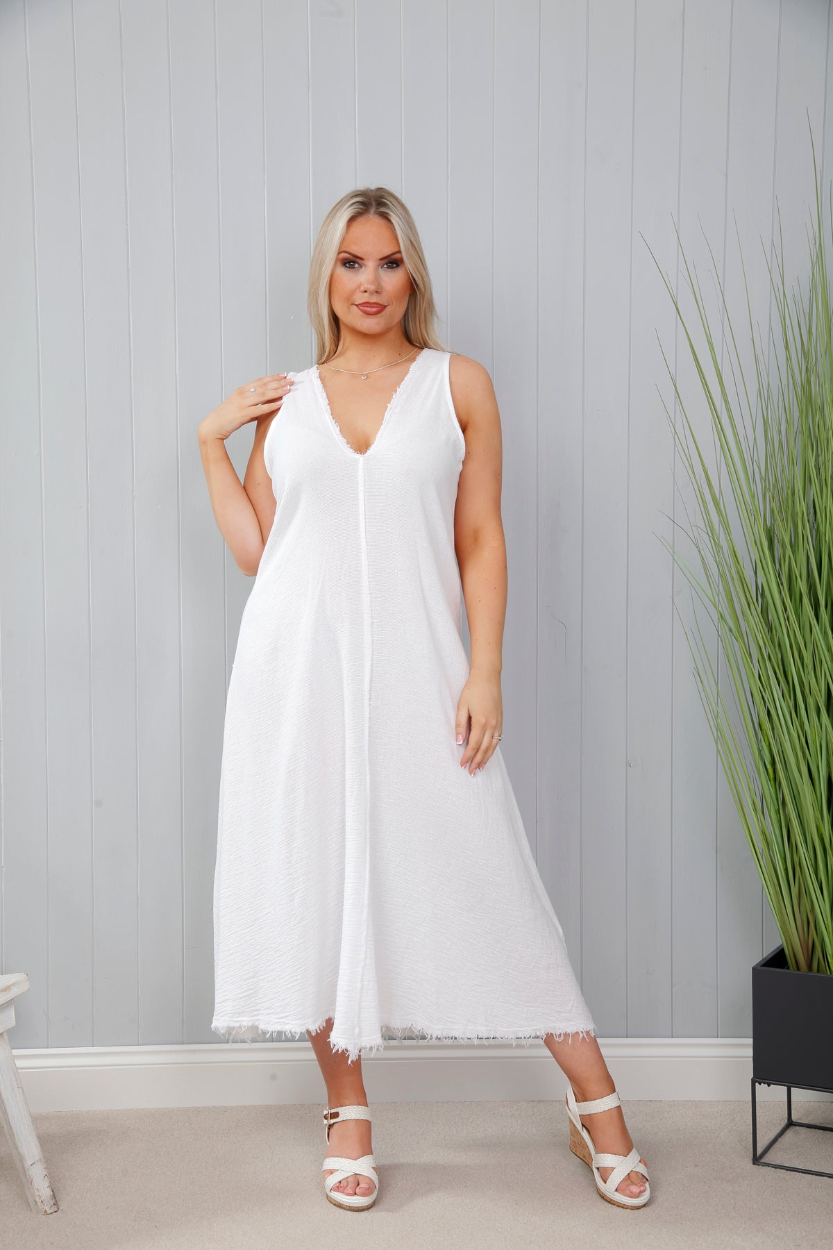 Cotton Mix Frayed Dress White