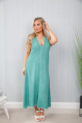 Cotton Mix Frayed Dress Jade