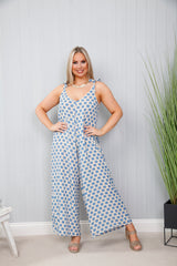 Dot Tie Shoulder Jumpsuit Blue