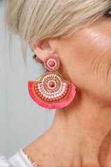 Beaded Fan Earrings Coral