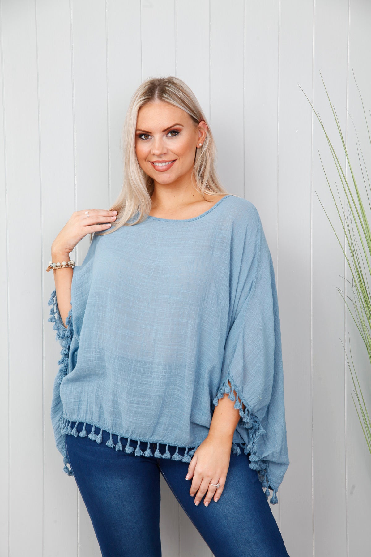 Pom Pom Poncho Top Denim Blue