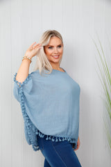 Pom Pom Poncho Top Denim Blue