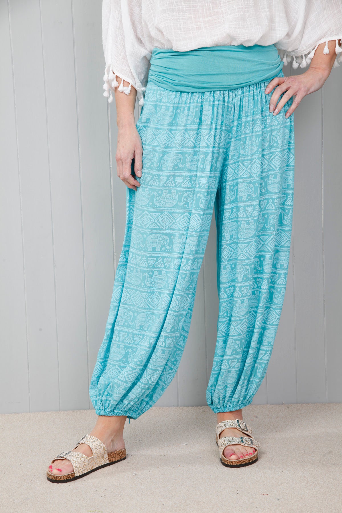 Elephant Print Harem Pants Aqua